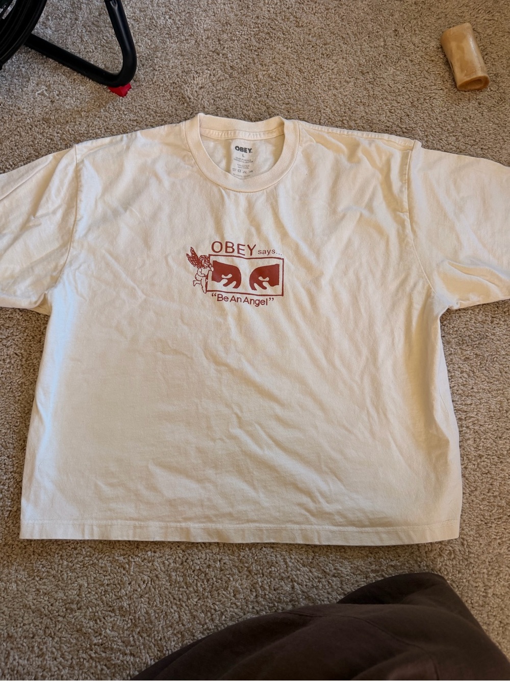 Obey Cream Tee with Maroon 'Be An Angel' Graphic